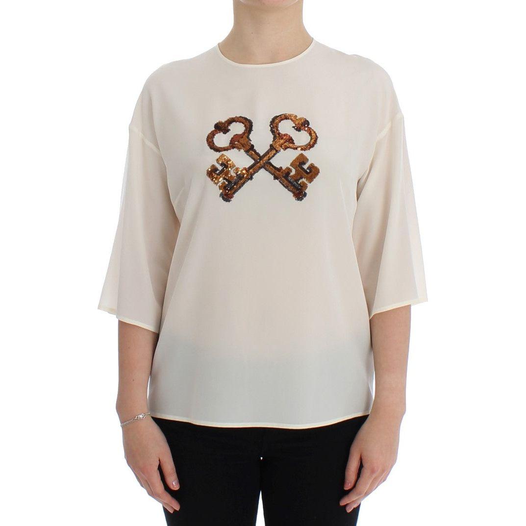 Dolce & Gabbana Ivory Sequined Silk Blouse Top Dolce & Gabbana Gray
