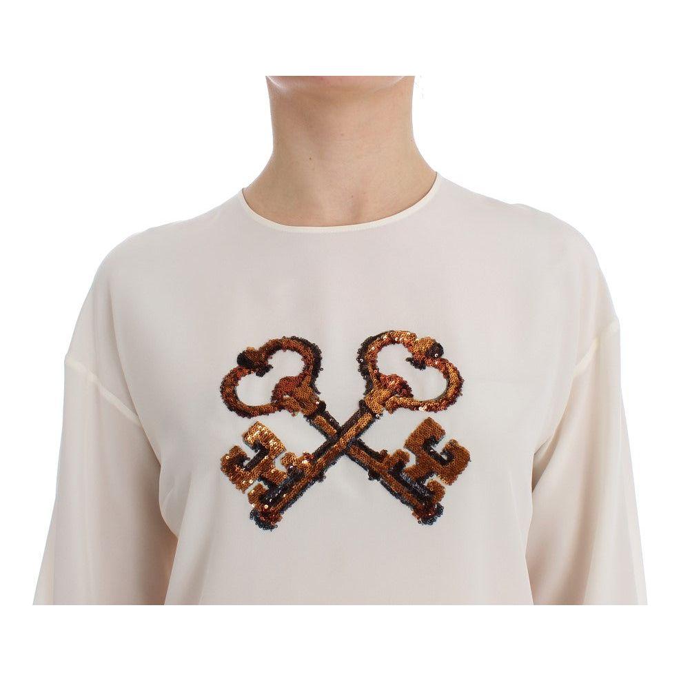 Dolce & Gabbana Ivory Sequined Silk Blouse Top Dolce & Gabbana Light Gray
