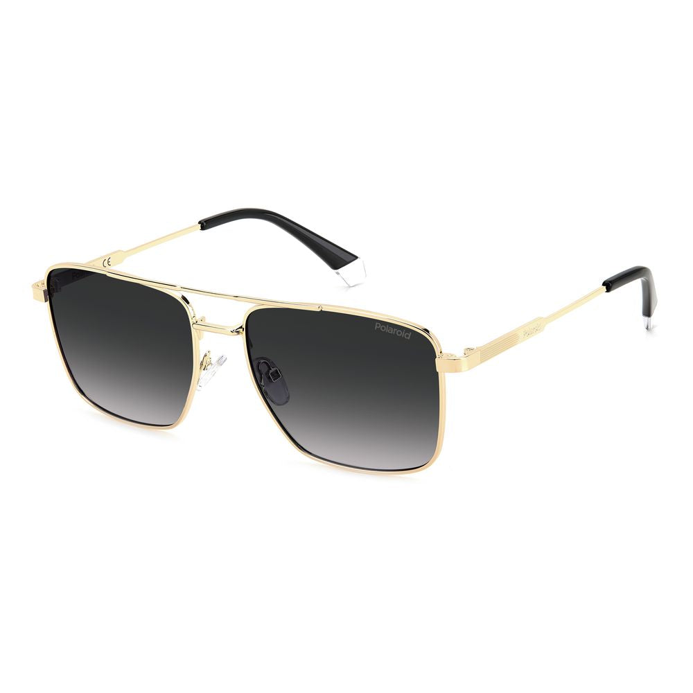 Polaroid gold metal rectangular sunglasses with gray polarized lenses, featuring a double bridge and fine rods, model PLD4134SXJ5GW.