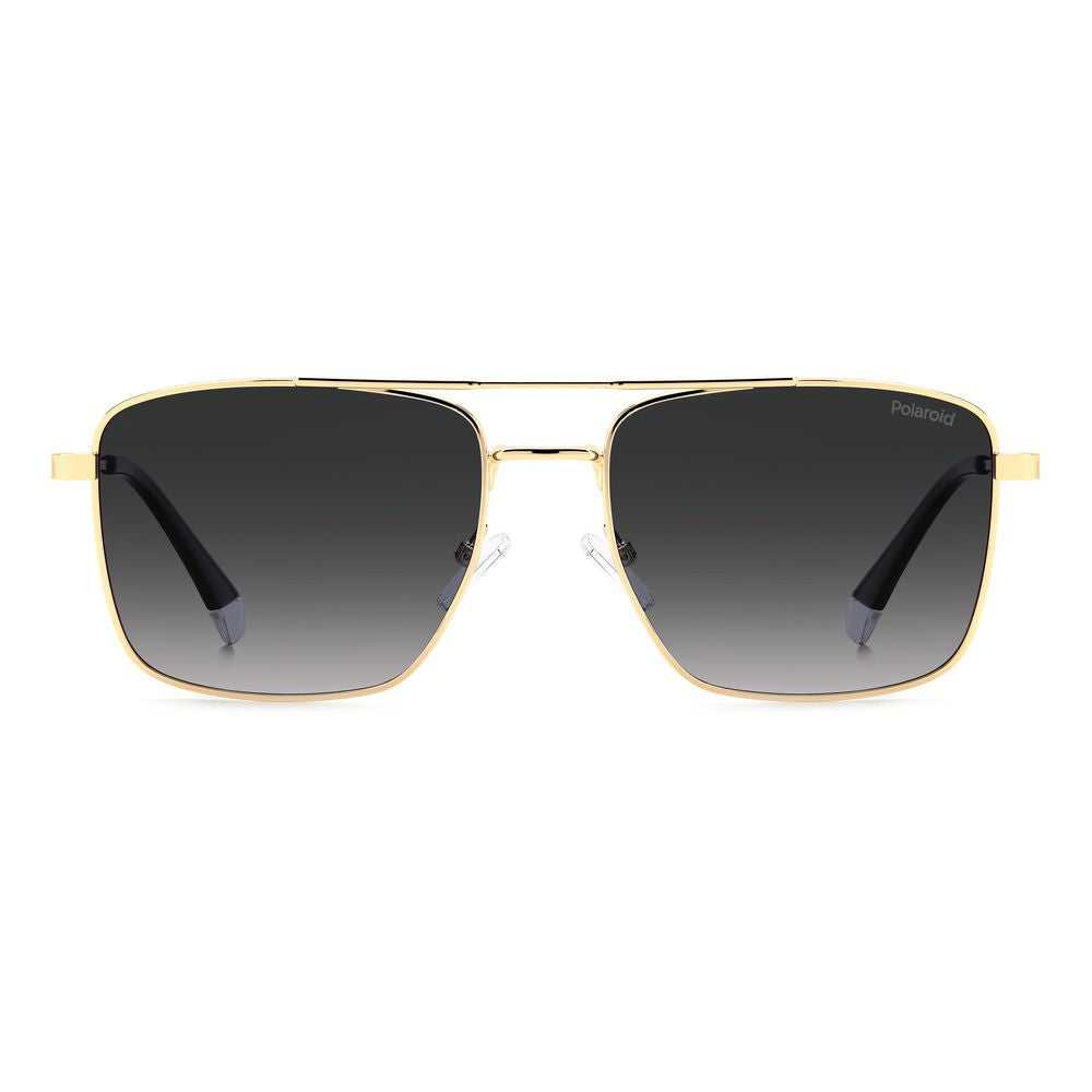 Polaroid gold metal sunglasses with polarized gray lenses and double bridge, featuring square geometric frame and distinctive elements.