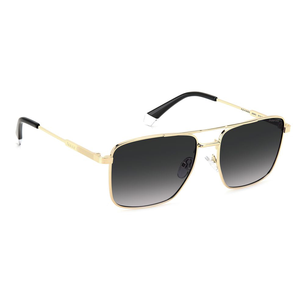 Polaroid gold metal sunglasses with square geometric frame, polarized gray lenses, double bridge, and distinctive laser ornament.