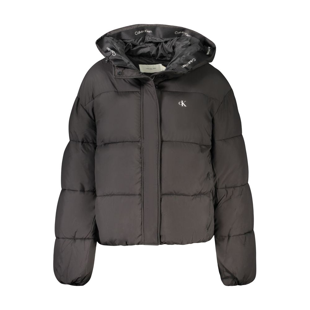 Calvin Klein Black Polyester Women's Jacket with Hood and External Pockets, Eco-Conscious Fashion, Long Sleeve with Zip and Buttons