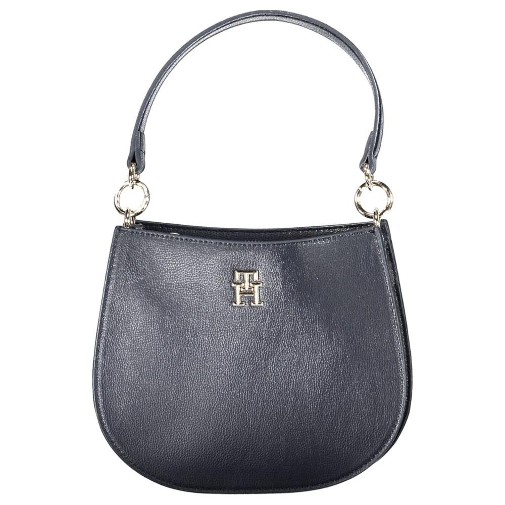 Tommy Hilfiger blue polyester women's handbag with gold logo, featuring a sleek design and sustainable materials.