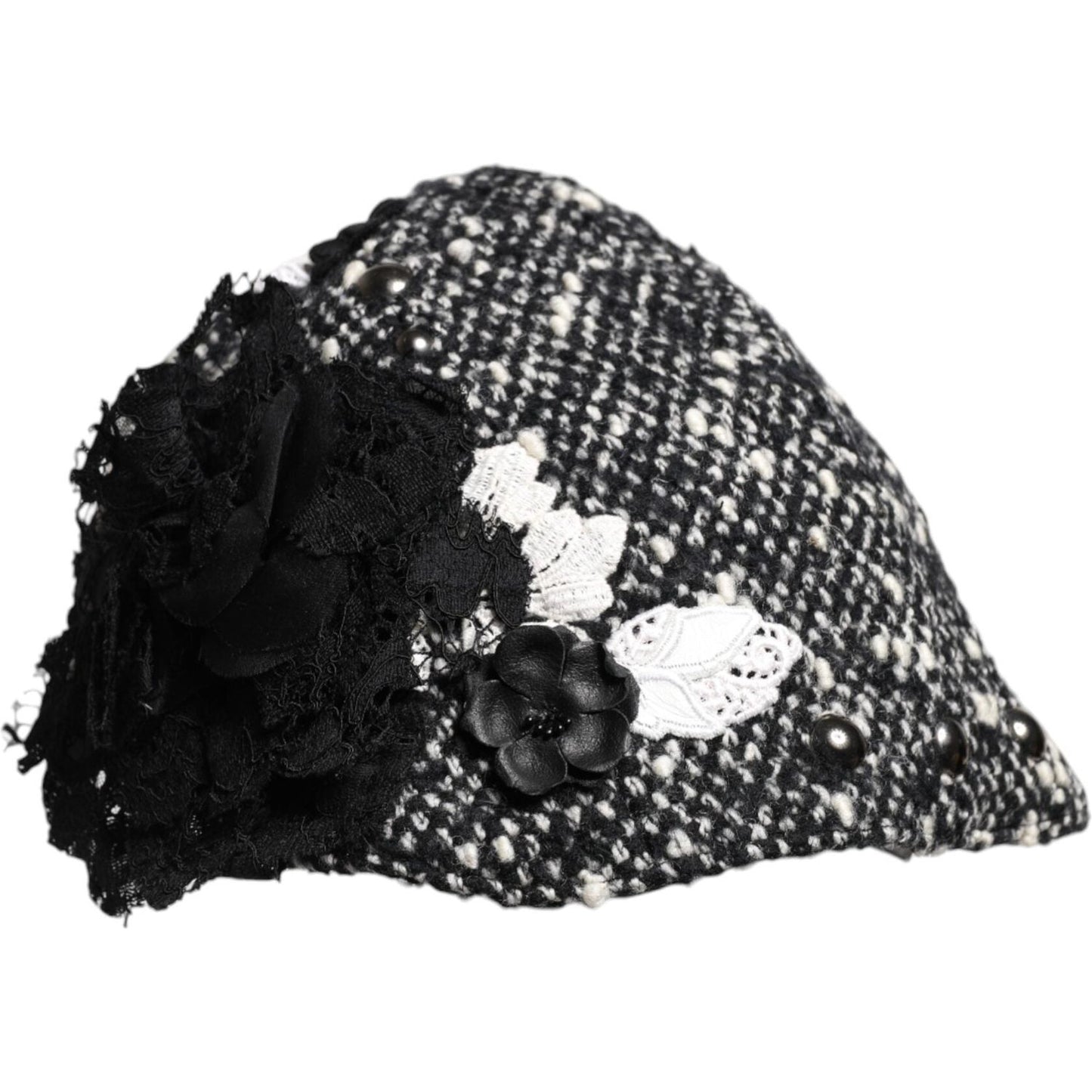 Dolce & Gabbana Black Wool White Floral Embellished Cloche Hat Dolce & Gabbana Black