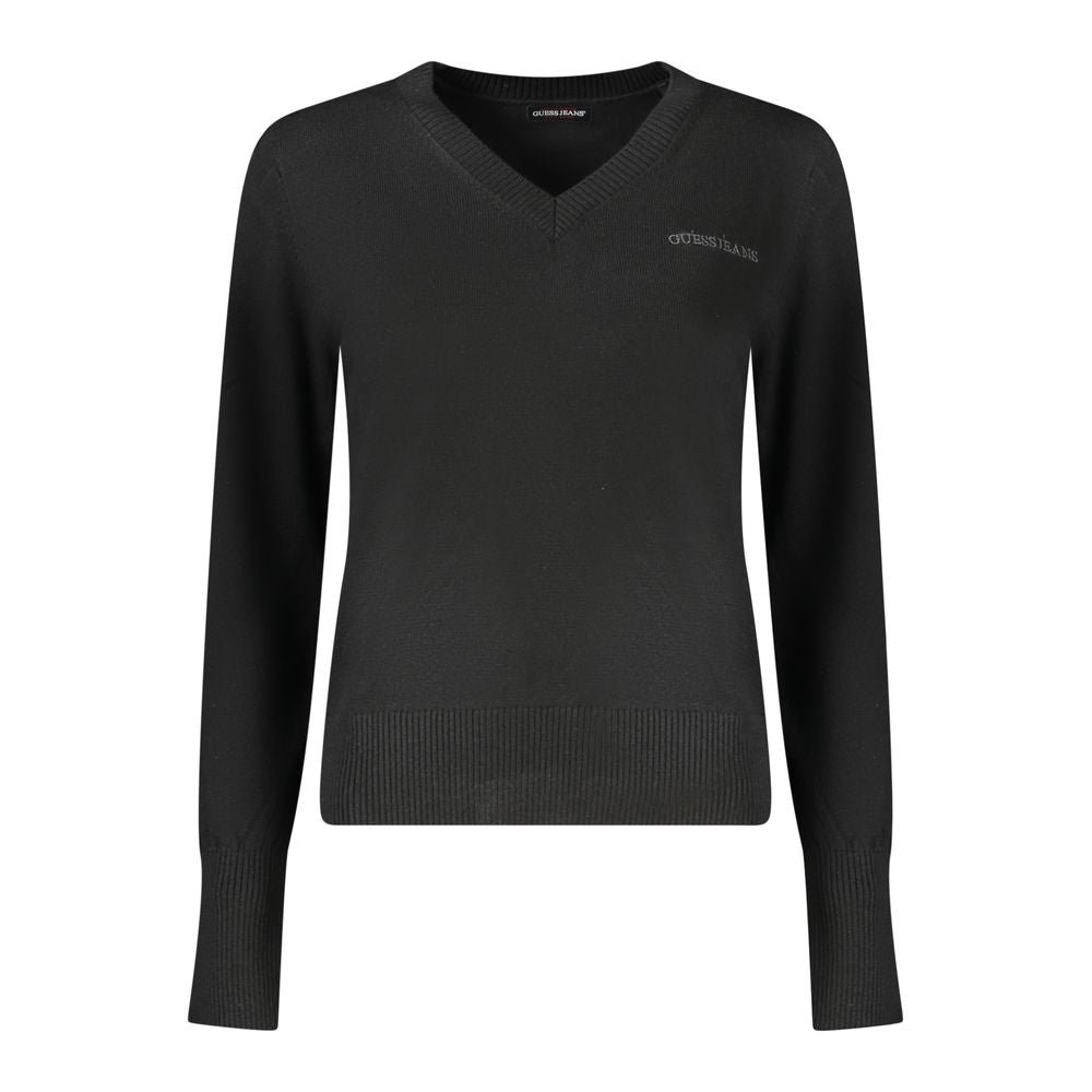 Black Guess Jeans women's v-neck sweater with long sleeves and logo embroidery, crafted from premium materials for chic elegance.