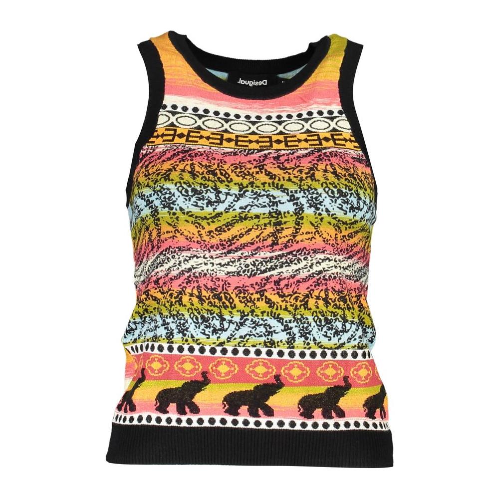 Desigual black viscose women's top with bold patterns and wide shoulders, featuring a round neckline and Desigual logo.