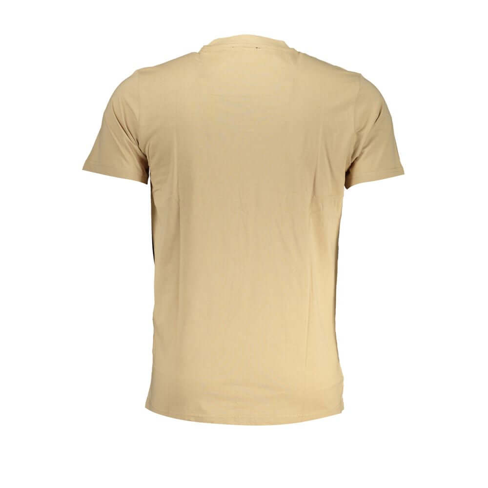 Back view of Cavalli Class beige cotton t-shirt, short-sleeved with crew neck, featuring a logo print.