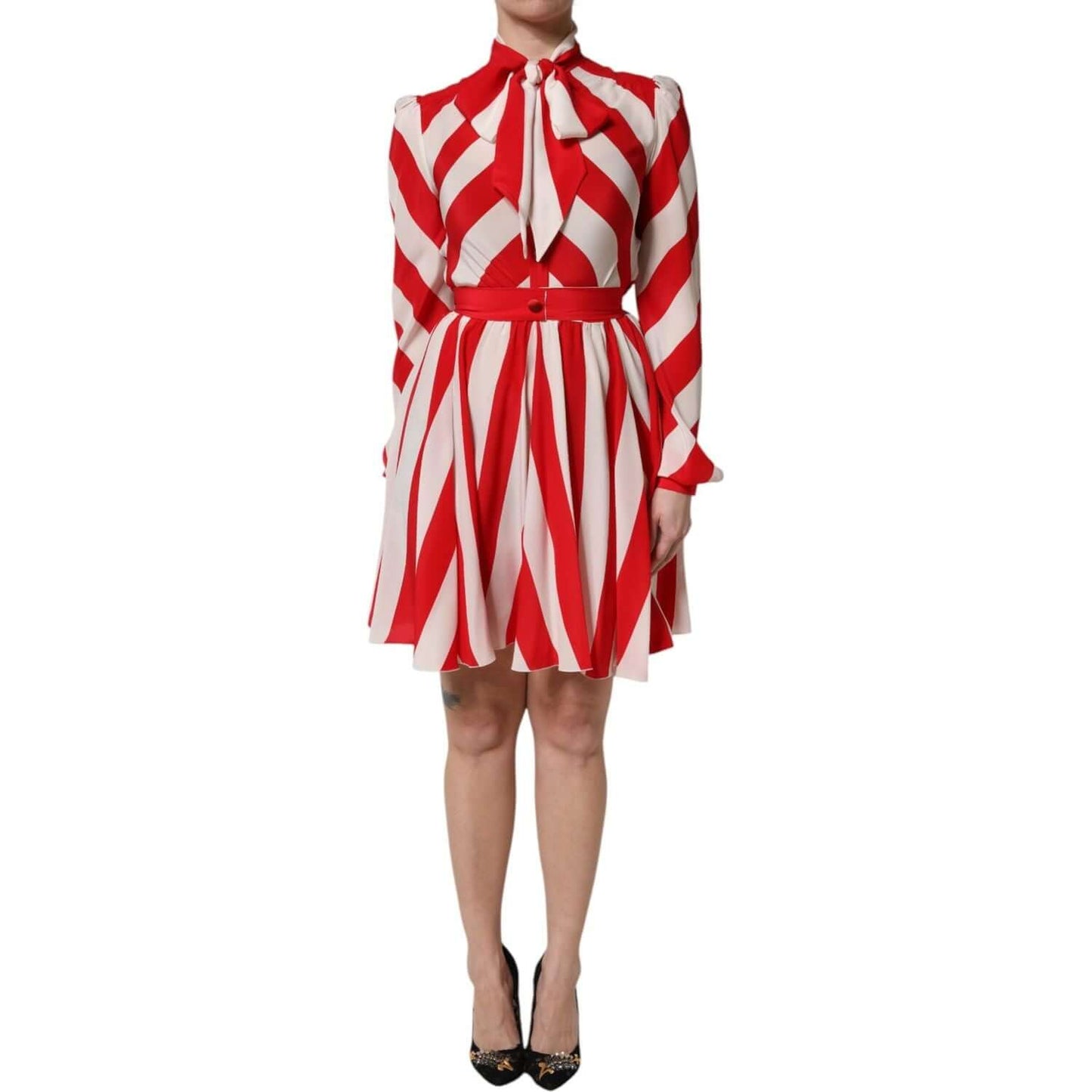 Dolce & Gabbana white and red striped silk A-line mini dress with long sleeves and ascot collar, featuring zipper closure and logo details.