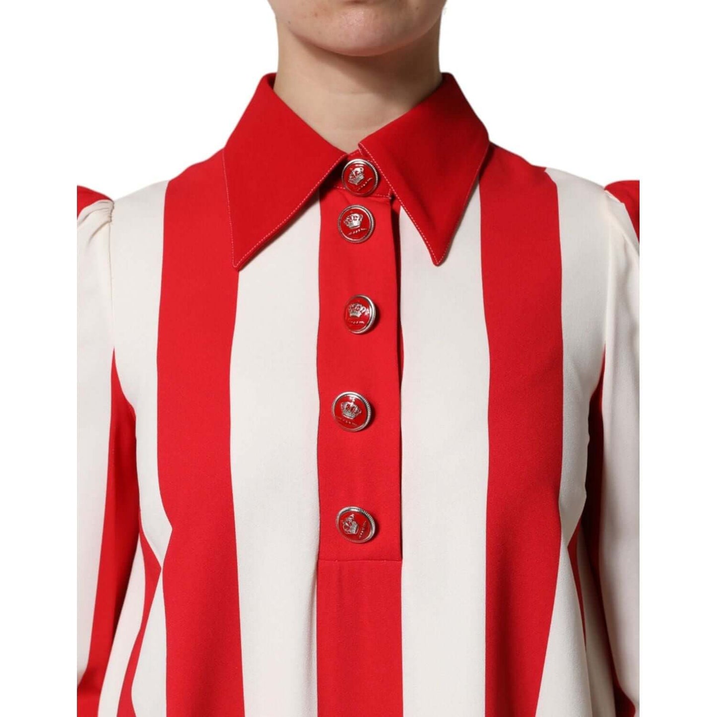 Dolce & Gabbana mini dress with white and red stripes, collared neckline, and button details, made of viscose and silk blend.