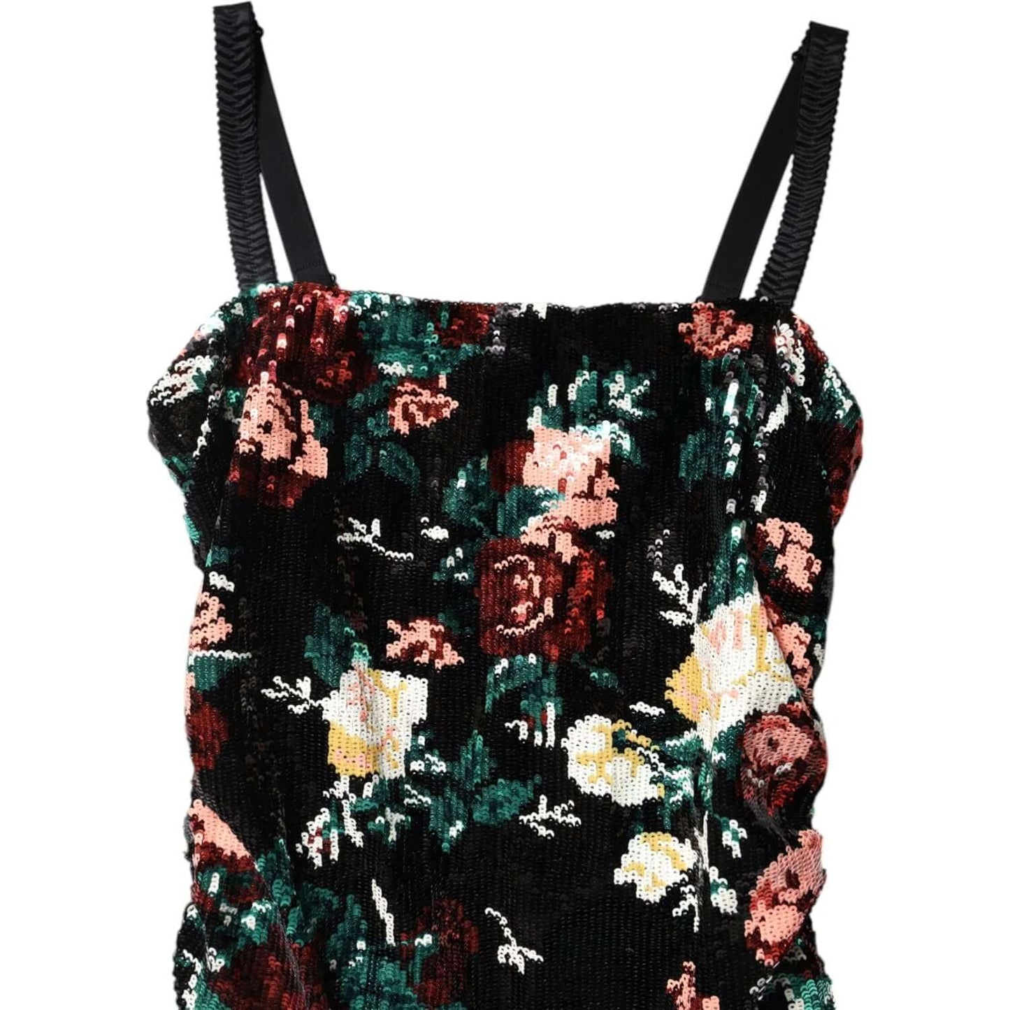 Dolce & Gabbana black floral sequin sleeveless sheath dress with zipper closure, exclusive design, made in Italy.