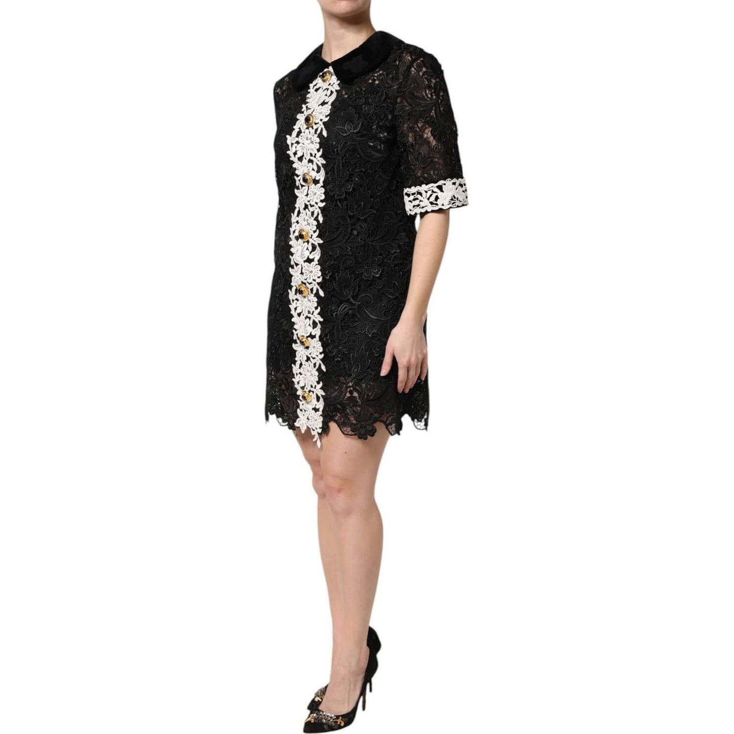 Dolce & Gabbana black floral lace embellished mini dress with exclusive Italian craftsmanship.