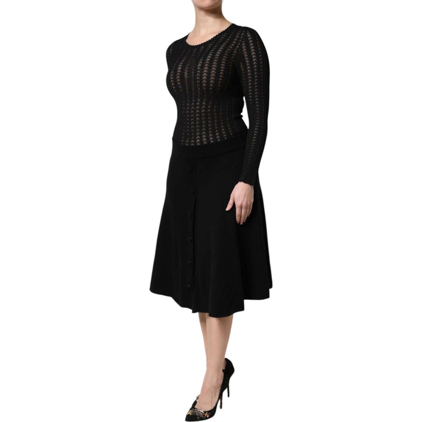 Dolce & Gabbana Black Cashmere Long Sleeve A-line Midi Dress, Elegant Italian Fashion
