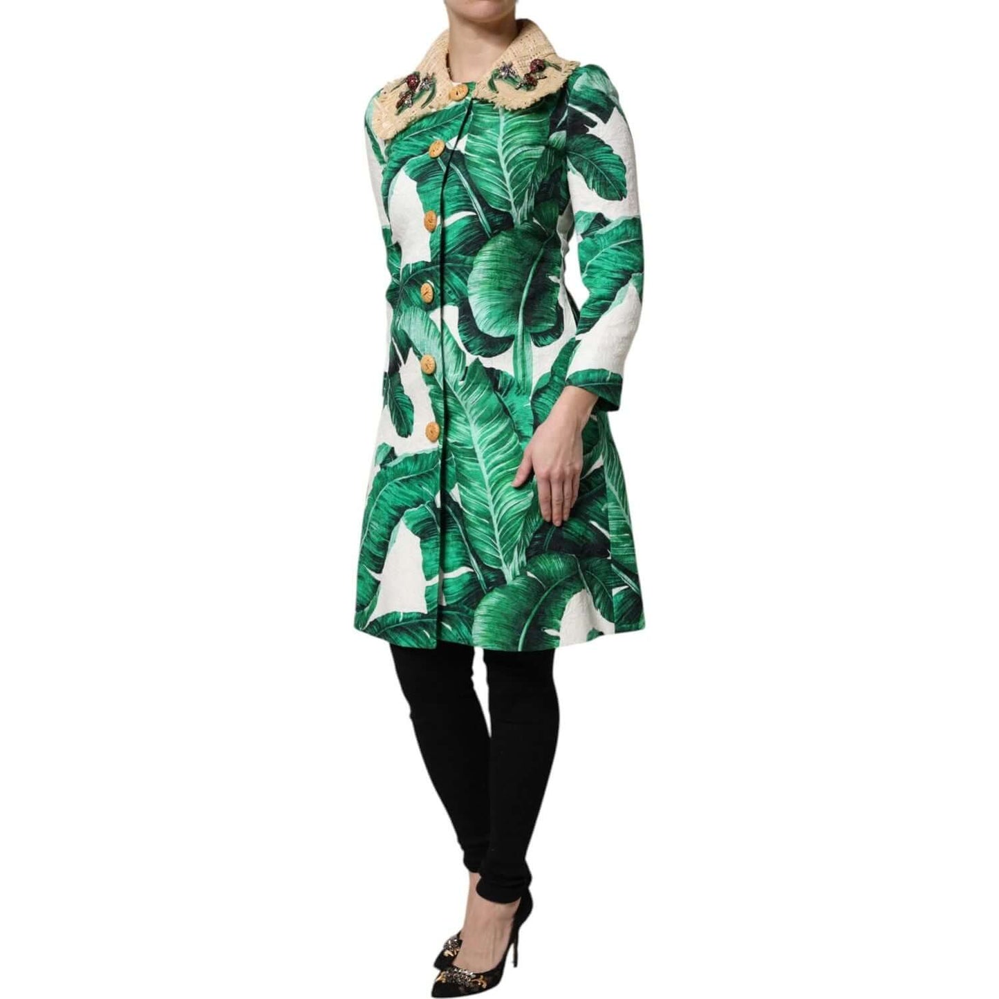 Dolce & Gabbana Multicolor Leaf Print Embellished Trenchcoat Jacket