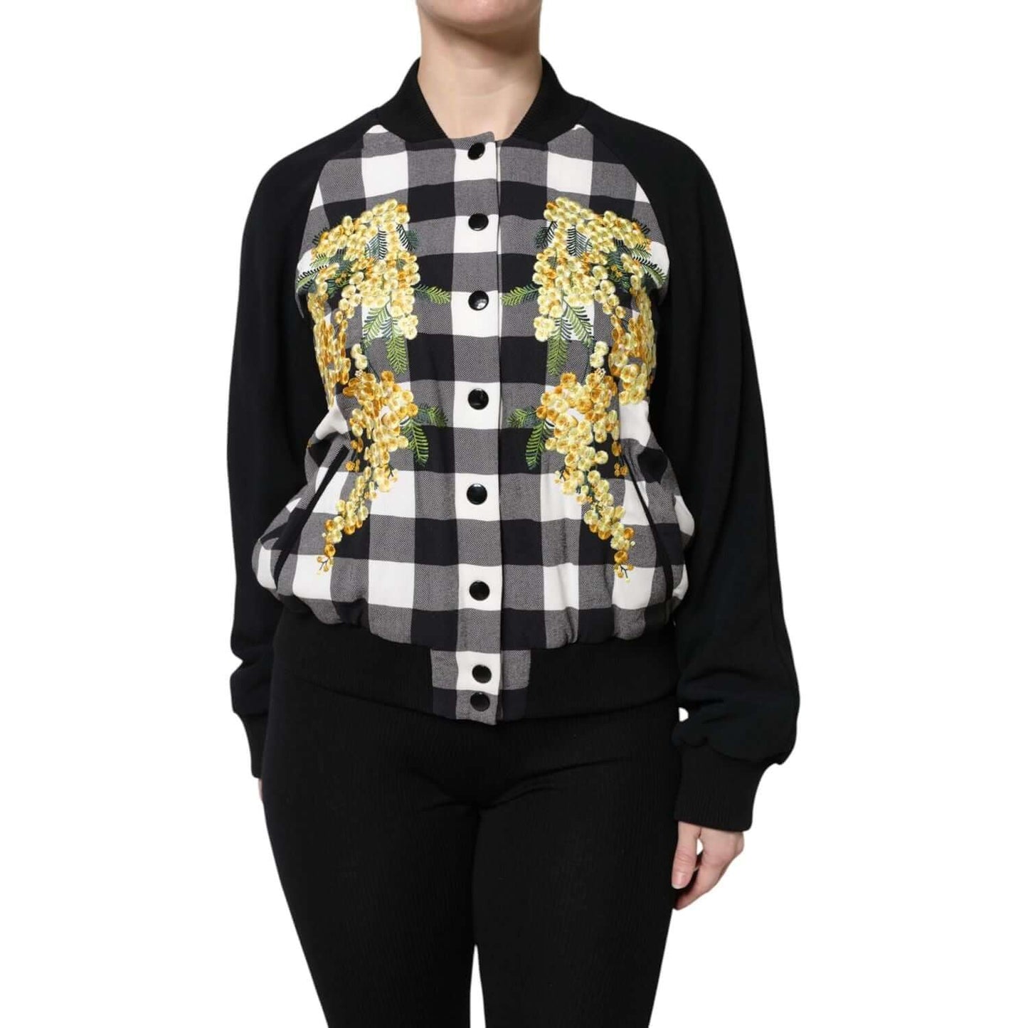Dolce & Gabbana Black White Check Floral Button Down Jacket