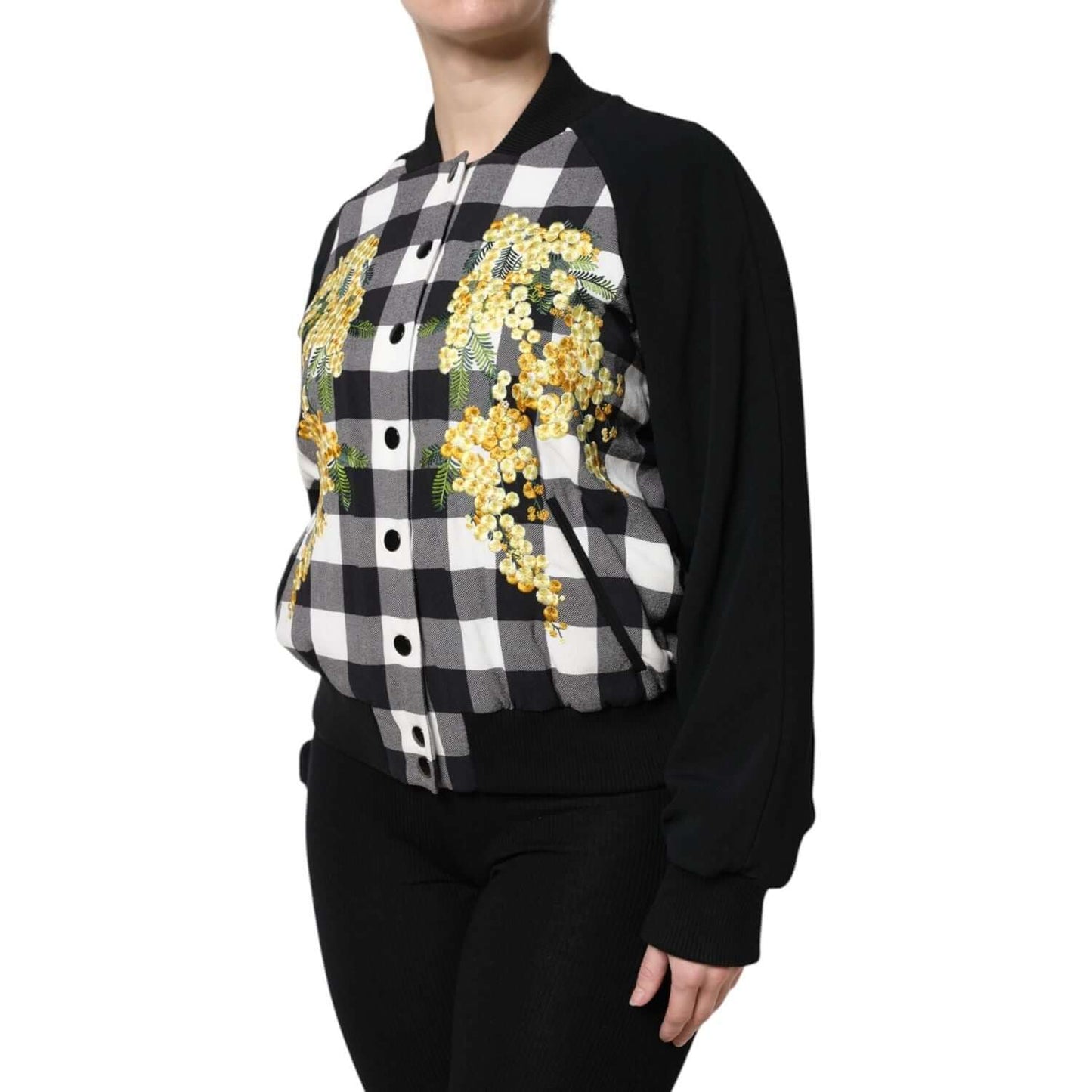 Dolce & Gabbana Black White Check Floral Button Down Jacket