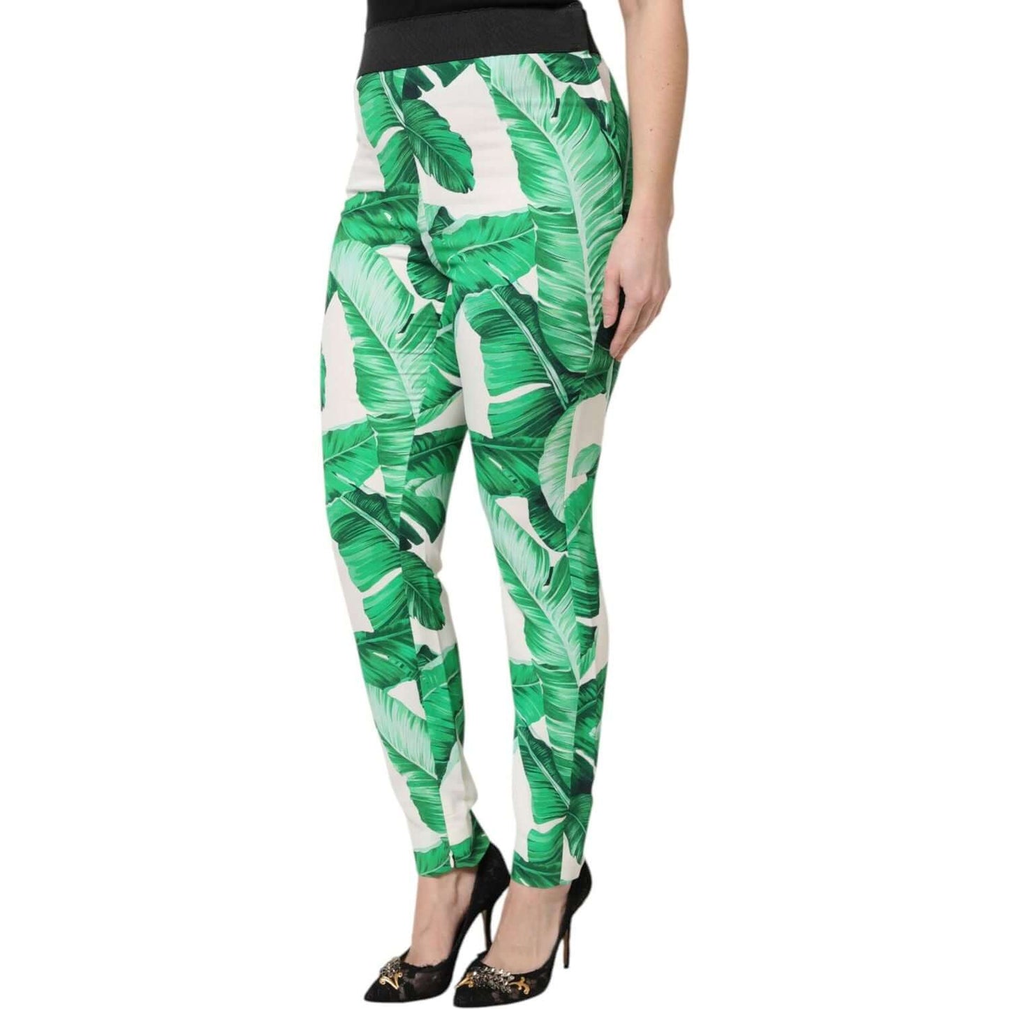 Dolce & Gabbana White Green Leaf High Waist Pants