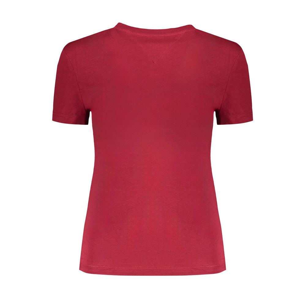 Back view of a Tommy Hilfiger red cotton short-sleeved T-shirt with crew neck and logo print.
