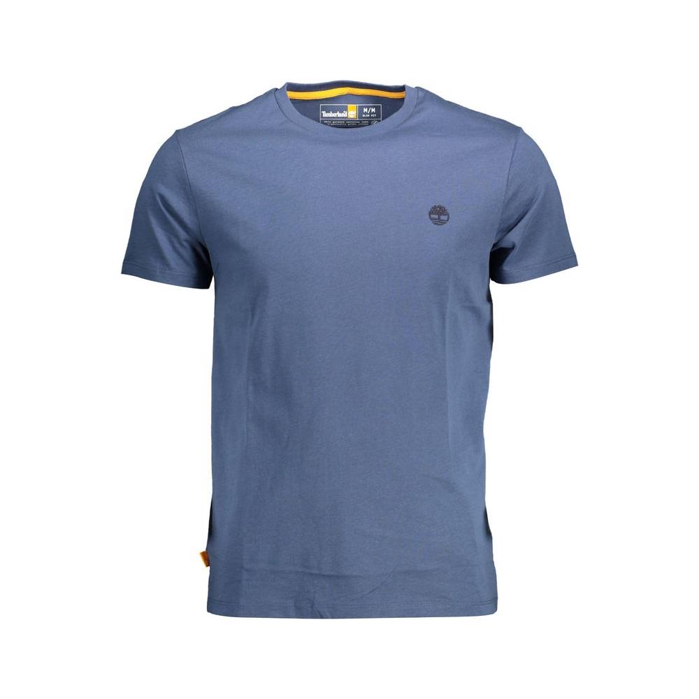 Timberland blue slim fit short sleeve cotton t-shirt with round neck and logo, made from 100% organic cotton.