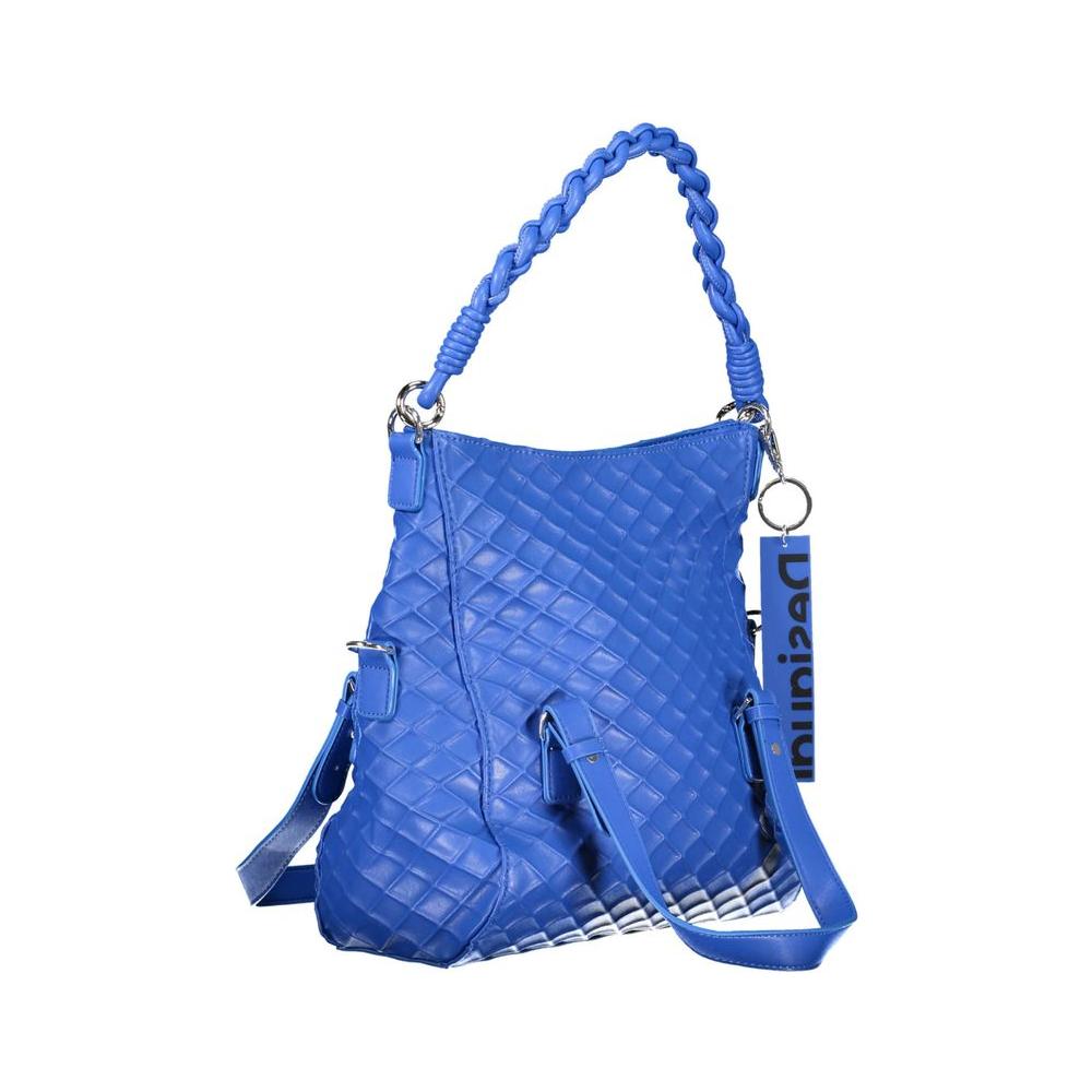 Vibrant Desigual blue handbag with detachable handles and shoulder strap, woven design, and logo tag, perfect for fashion-forward styling.