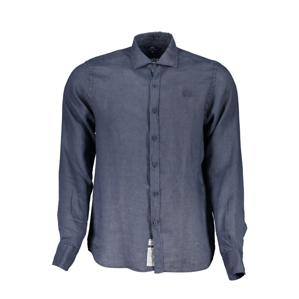 La Martina blue linen men's shirt with French collar and embroidery, classic regular fit cut for elegance and comfort.