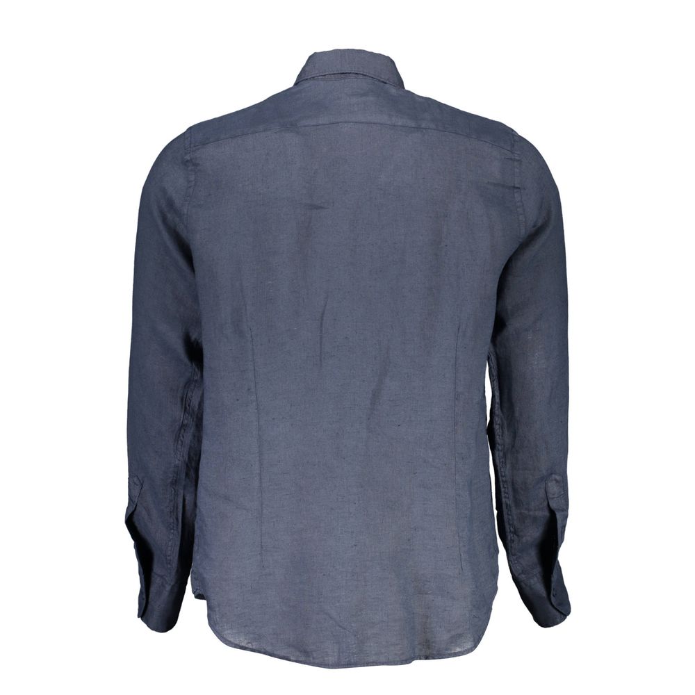 Back view of La Martina blue linen men's shirt with French collar and embroidery detail.