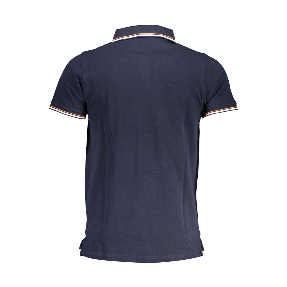 Back view of Norway 1963 blue cotton men's polo shirt with contrasting details on collar and sleeves.