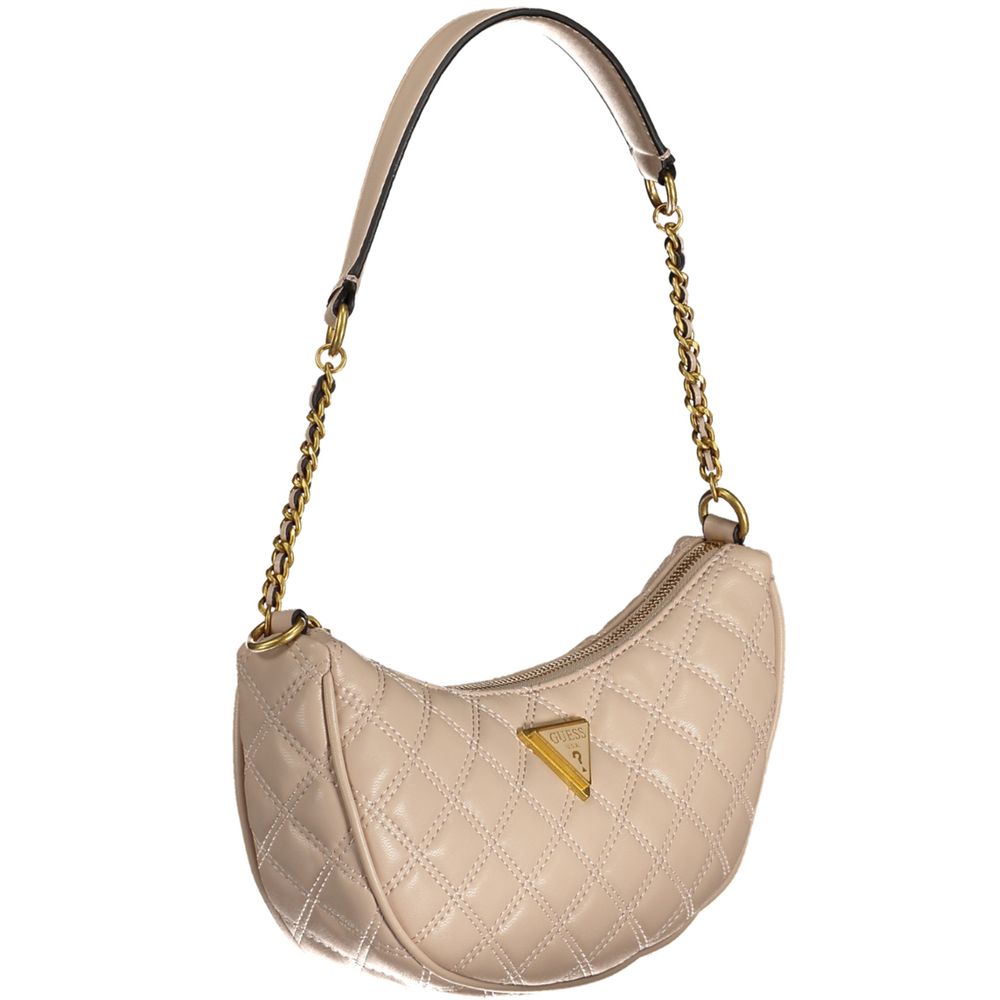 Guess Jeans Beige Polyethylene Handbag with gold chain strap, external pocket, and logo detail, featuring a zip closure and card spaces.
