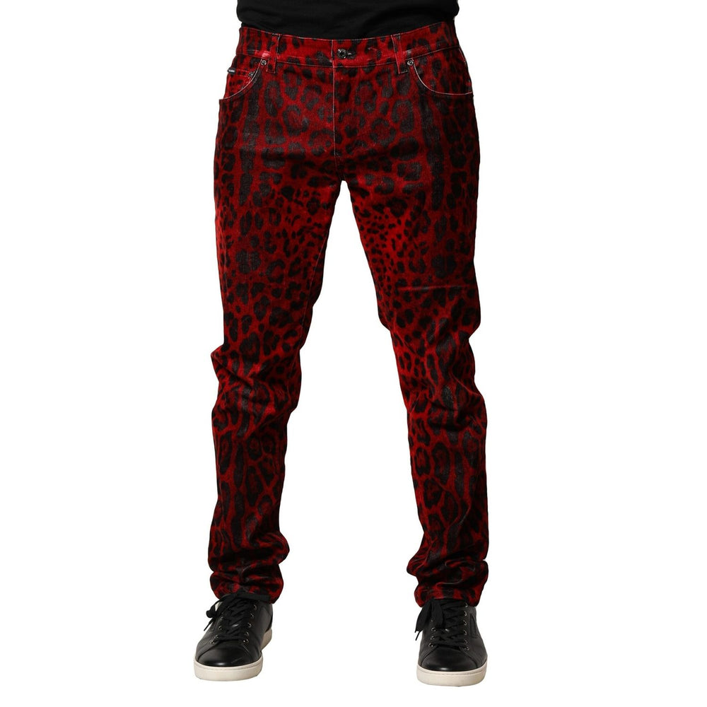 Dolce & Gabbana Red Leopard Print Cotton Skinny Denim Jeans PAN76453-54