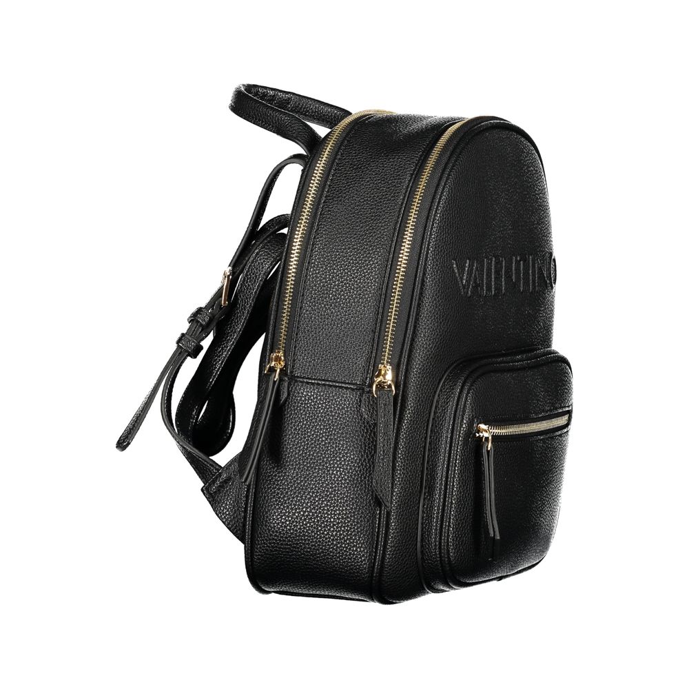 Mario Valentino Black Polyethylene Backpack with adjustable straps, external pocket, and logo, featuring zip closure and recycled material.
