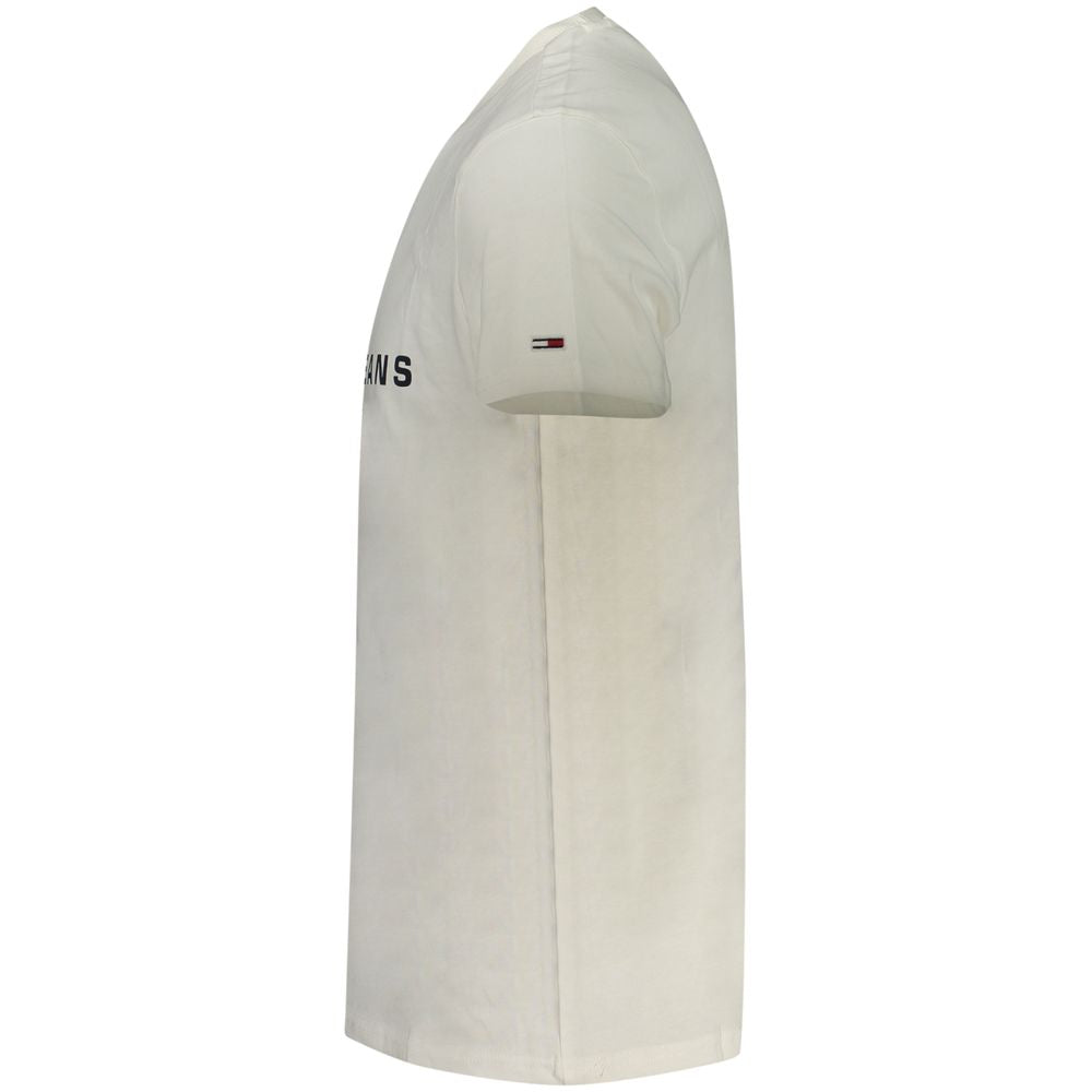 Side view of Tommy Hilfiger White Cotton Men T-Shirt with logo, showcasing premium regenerative cotton design for eco-friendly fashion.