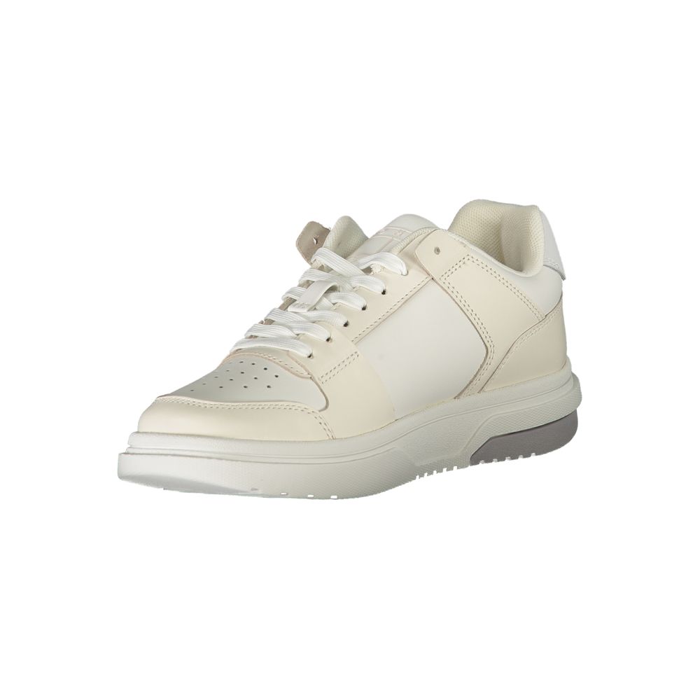 Tommy Hilfiger White Polyester Sneaker with laces, featuring contrast details and logo, perfect for sports activities.