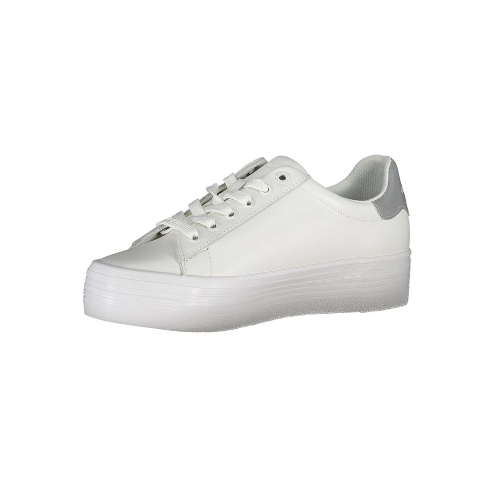 Calvin Klein White Polyester Sneaker with contrasting details and logo, made of 100% recycled polyester, side view.