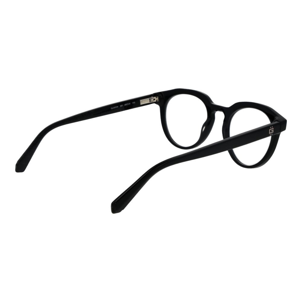 Guess Black Men Glasses Frame in full-rim round acetate with demo lenses, spring hinge, and branded case included.