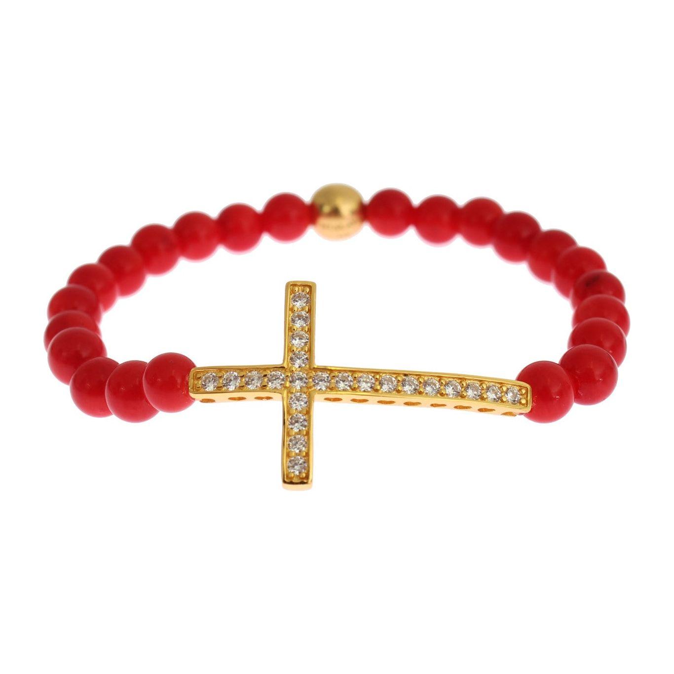 Nialaya Red Coral Gold CZ Cross 925 Silver Bracelet SIG19013-4