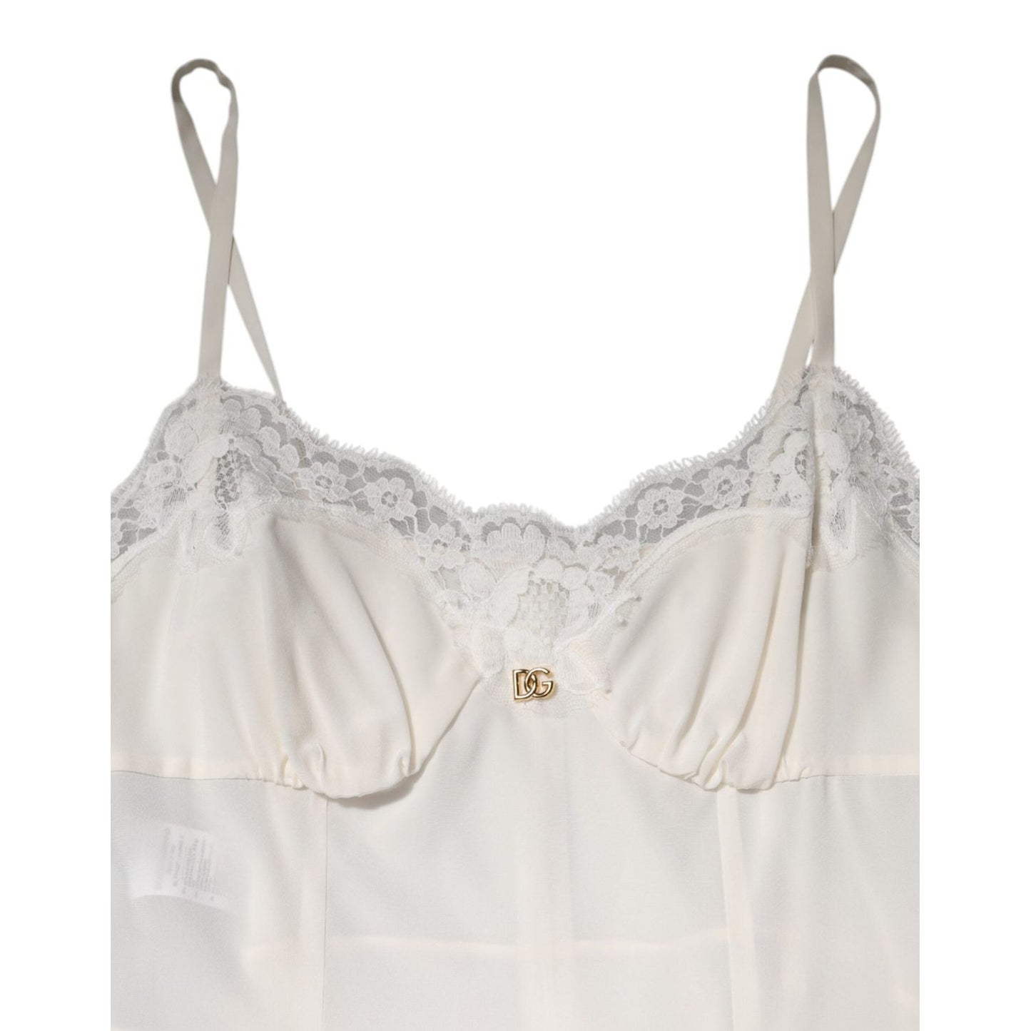 Dolce & Gabbana White Lace Gold DG Logo Silk Dress Sleepwear DR81798-46
