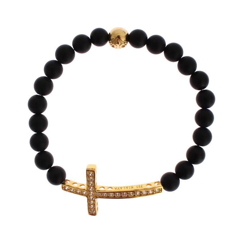 Nialaya Matte Onyx Stone Gold CZ Cross 925 Silver Bracelet SIG19014-3