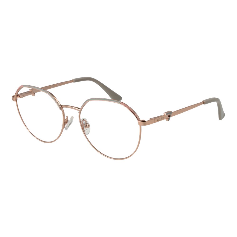 Guess Rose Gold Women Glasses Frame, square full-rim metal design with demo lenses, includes branded case.