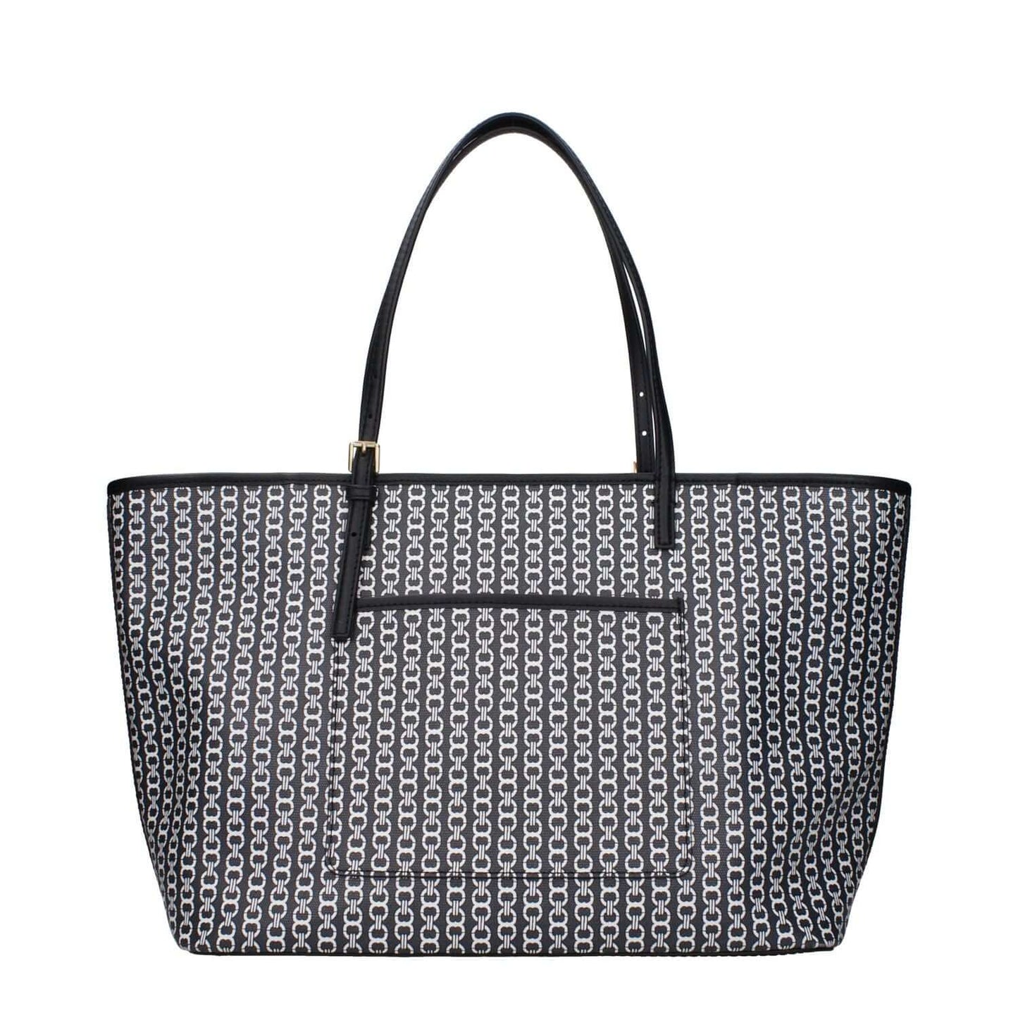 Black and white patterned tote bag with long handles, showcasing a chic design for versatile style.