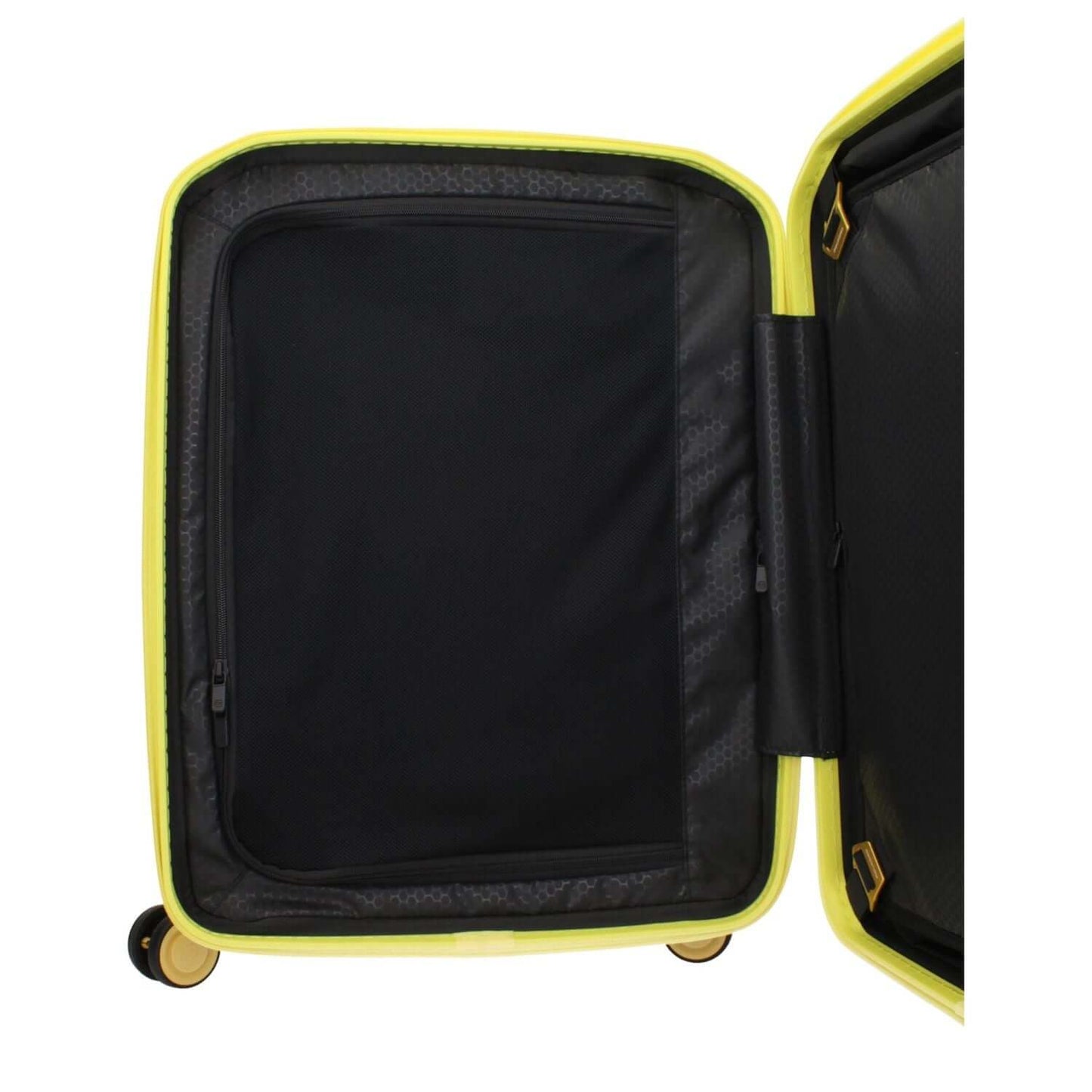 Open interior view of the Piquadro Yellow Polycarbonate Luggage And Travel showing spacious compartment and details.