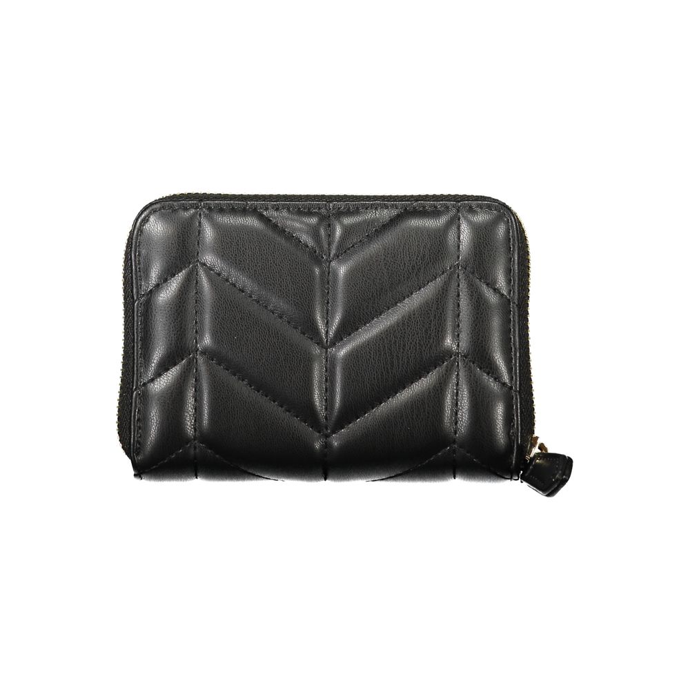 Mario Valentino Black Polyethylene Wallet with zip closure, 6 compartments, coin purse, card spaces, and contrasting detail, logo.