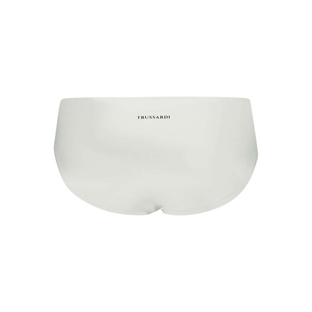 Back view of Trussardi White Elastane Swimwear beach briefs showing logo and elastic waistband with laces.