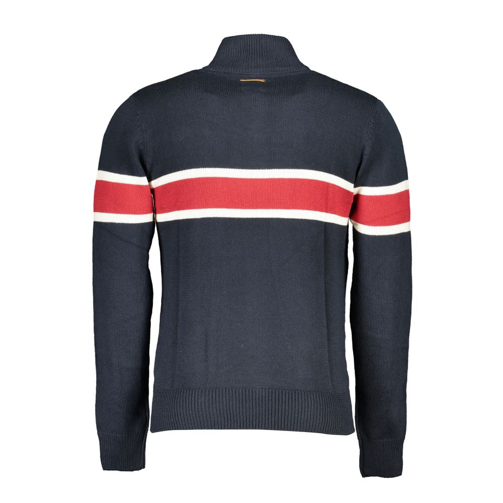 Gianmarco Venturi Blue Cotton Sweater featuring long sleeves, half zip, embroidery, and logo with contrast details.