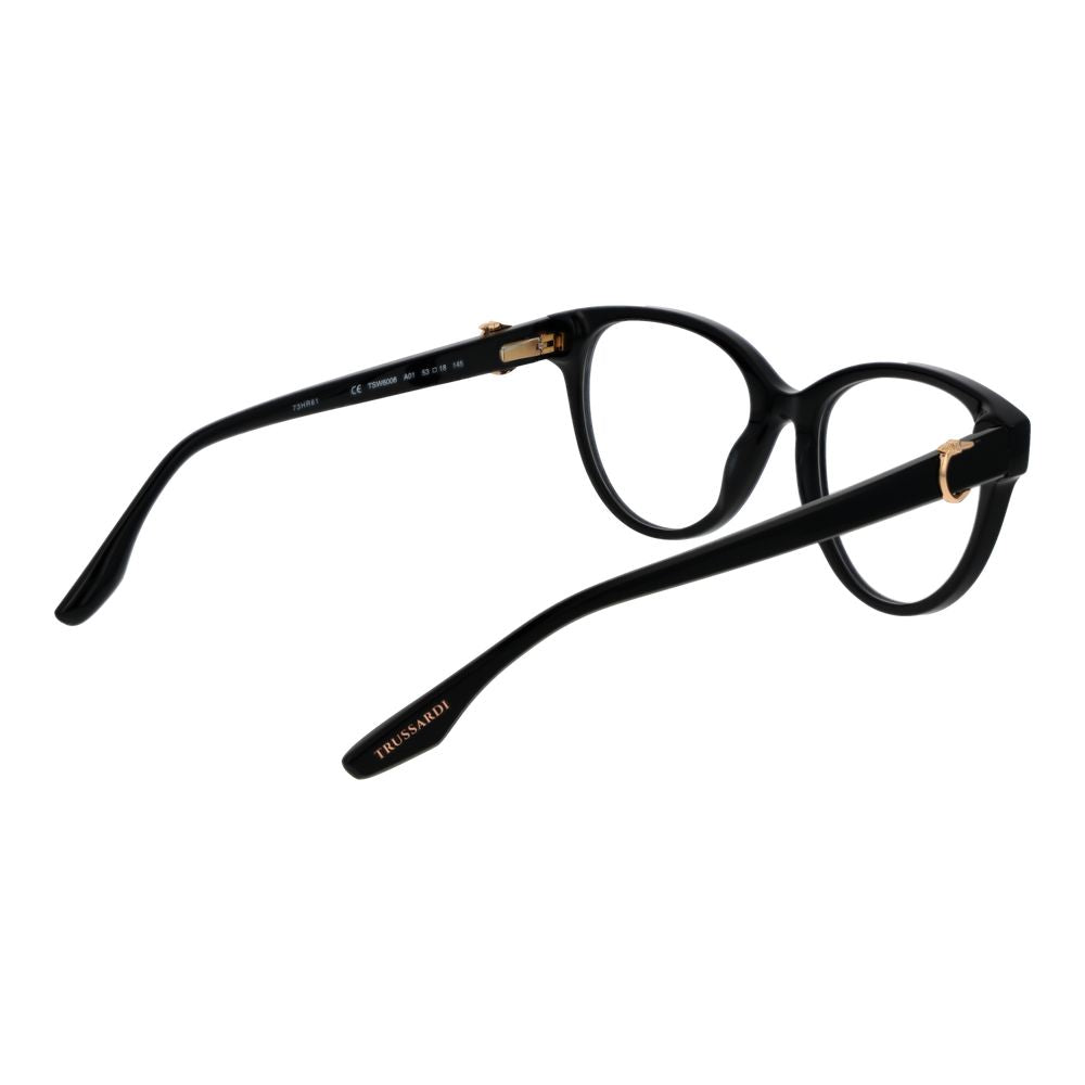 Trussardi Black Acetate Glasses (Frames) for women, full-rim butterfly style with demo glasses, size 53-18-145, includes branded case.