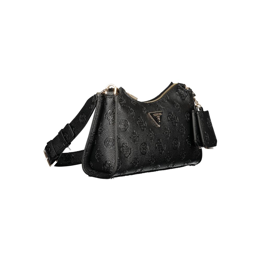 Guess Jeans Black Polyethylene Handbag with removable shoulder handle and external pocket, featuring contrasting details and protective feet.