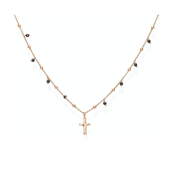 Gold necklace with cross pendant from AMEN JEWELRY Mod. CLCRRN3, showcasing a delicate design with black bead accents.