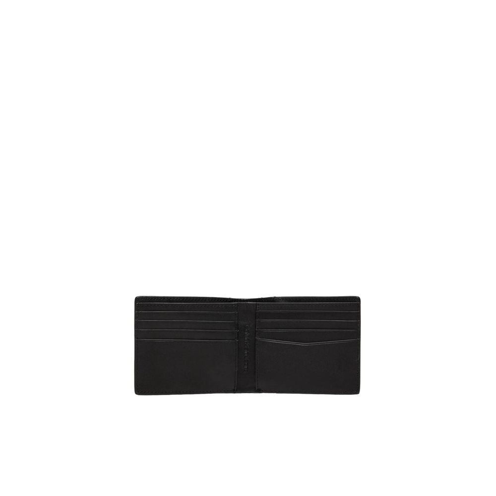 Calvin Klein Jeans Black Leather Wallet open view showing card slots and slim bifold design, stylish embossed logo pattern.
