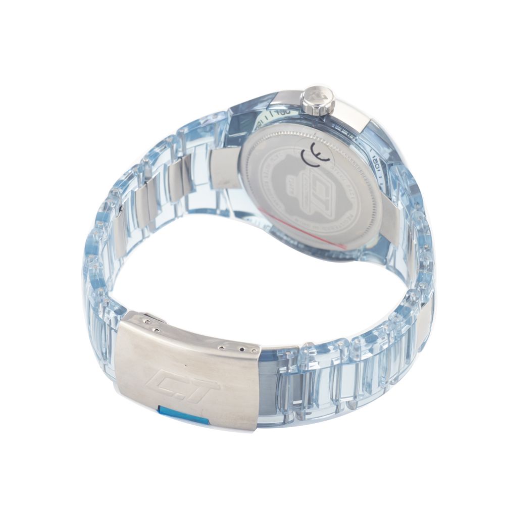 Back view of Chronotech Transparent Polycarbonate Dress Watch with blue polycarbonate bracelet and pressure closure.