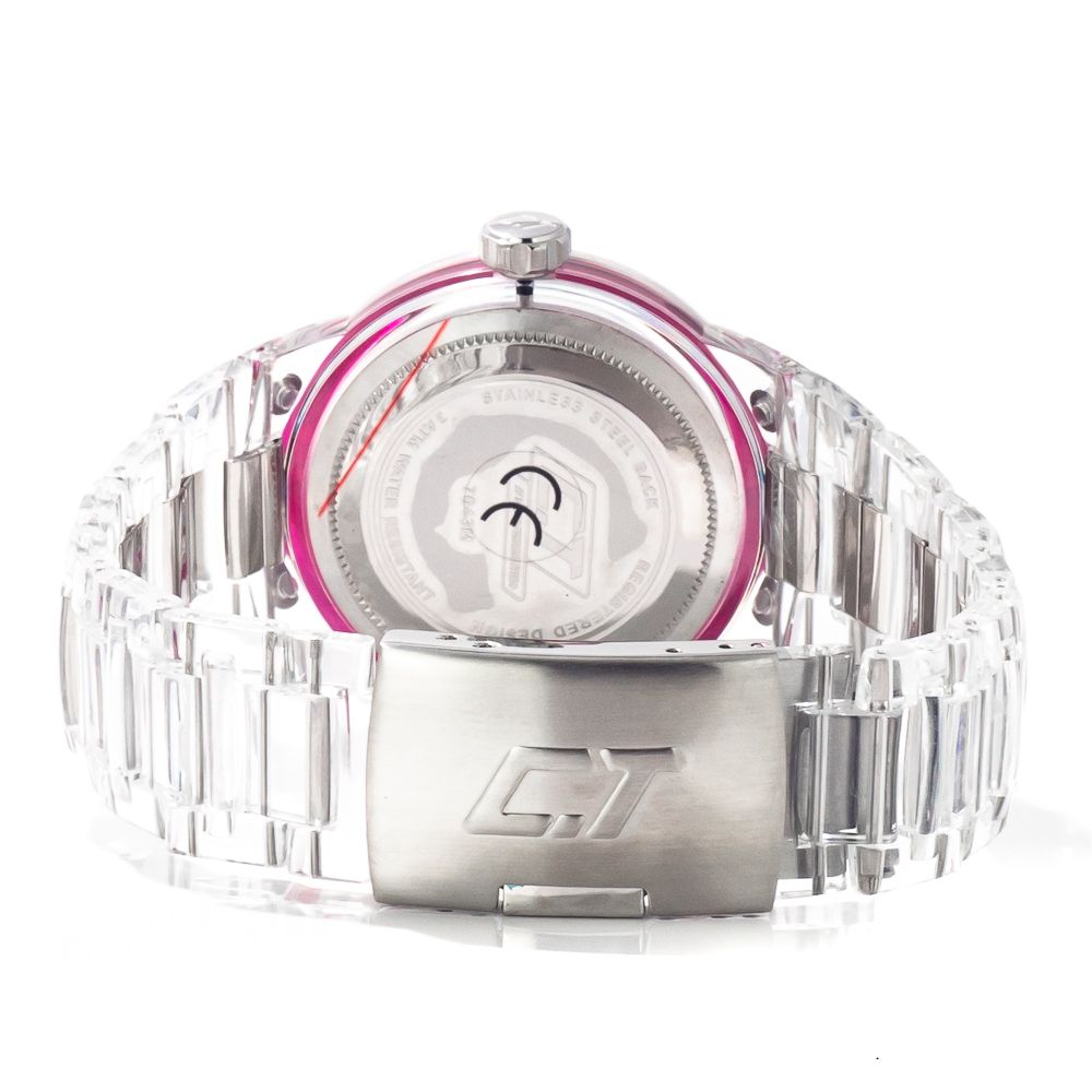 Back view of Chronotech Transparent Polycarbonate Watch with pink dial, quartz movement, transparent band, and chronograph-date function.