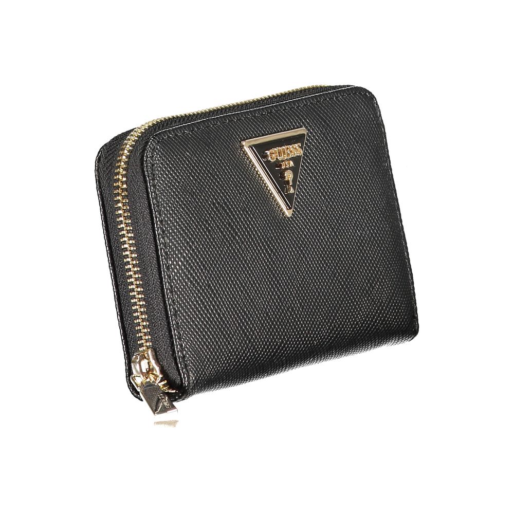 Alt Tag: Guess Jeans Black Polyethylene Wallet with zip closure, coin purse, and card slots, featuring gold logo detail.