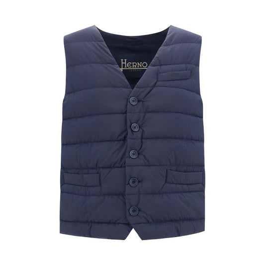 Herno Blue Polyamide Sleveless Jacket with quilted design, V-neck, button closure, and adjustable waistband, AW25 season, made in Italy.